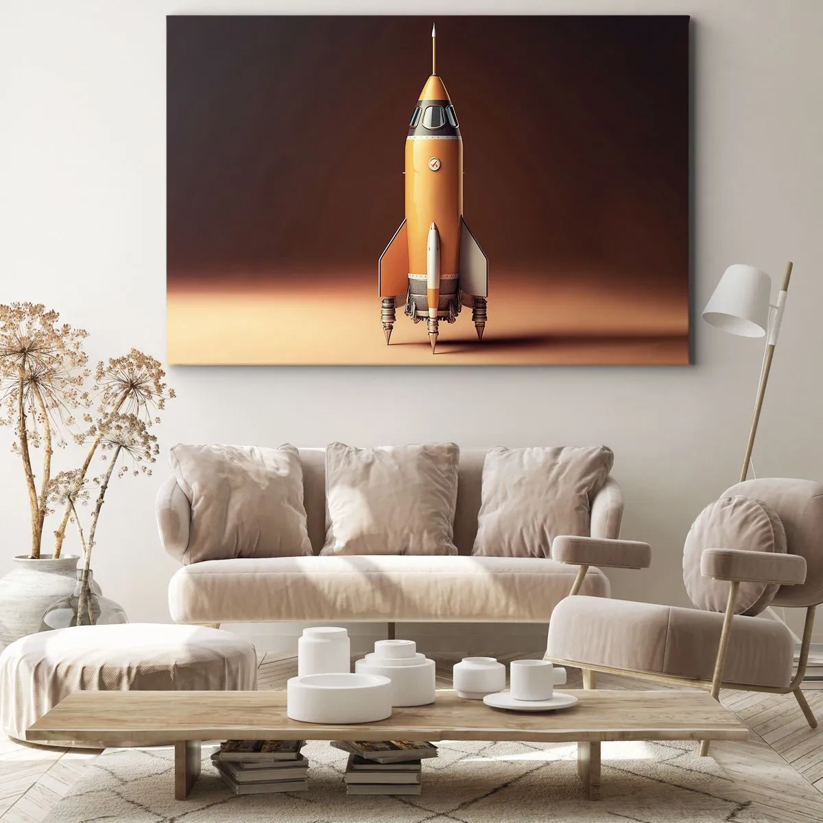 Obraz na plátne - Raketa v retro štýle na pozadí hnedých tónov - 70x50cm - Začína to snom - Moderná nástenná dekorácia do obývacej izby a spálne ARTTOR