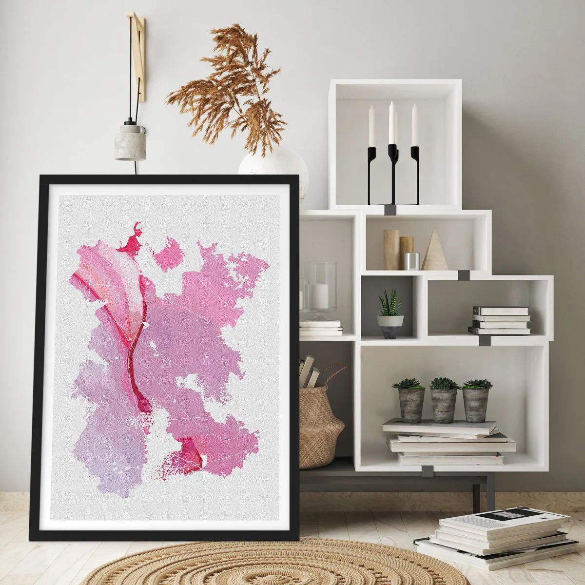Plagát v čiernom ráme - Abstraktná mapa v odtieňoch ružovej a fialovej - 50x70cm - Mapa ružového sveta - Moderná nástenná dekorácia do obývacej izby a spálne ARTTOR