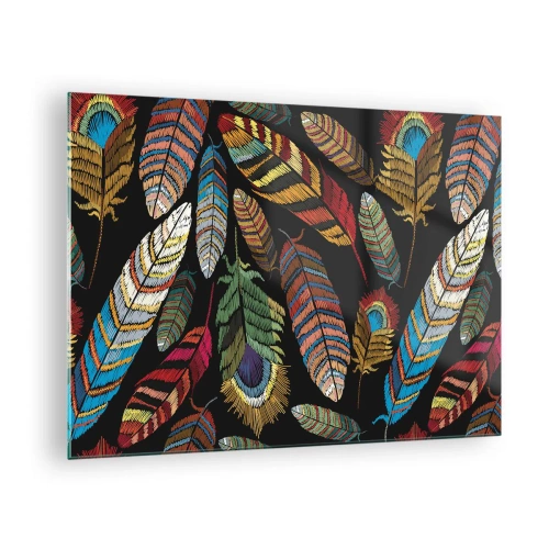 Obraz na skle - Farebné perie na tmavom pozadí v umeleckom vzore - 70x50cm - Vtáčí karneval - Moderná nástenná dekorácia do obývacej izby a spálne ARTTOR