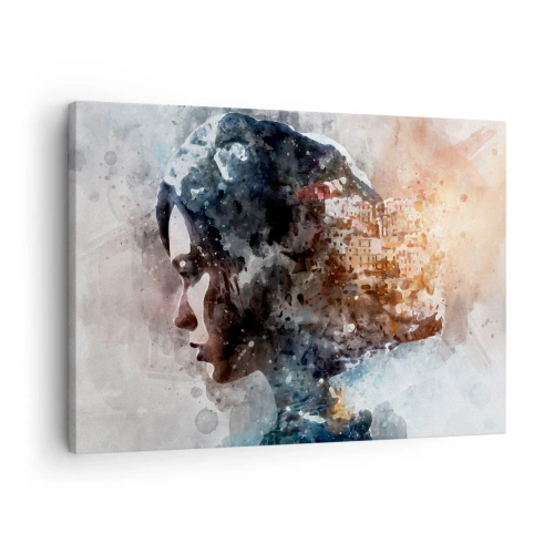 Obraz na plátne - Portrét ženy, ktorá kombinuje svoju tvár s mestskou krajinou v pozadí - 70x50cm - Príbeh o dievčati s mestom v pozadí - Moderná nástenná dekorácia do obývacej izby a spálne ARTTOR