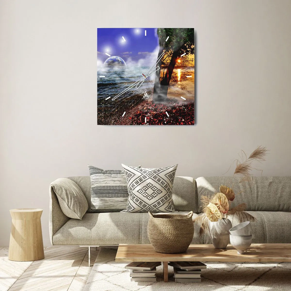 Nástenné hodiny - Surrealistická krajina - jednota prírody - 30x30 cm