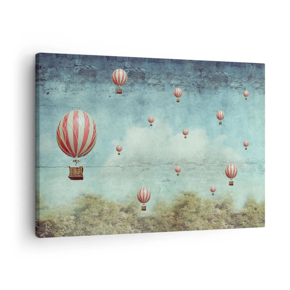 Obraz na plátne - Retro balóny na pozadí modrej oblohy a zelene - 70x50cm - Oslobodení od zhonu života - Moderná nástenná dekorácia do obývacej izby a spálne ARTTOR