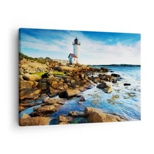 Obraz na plátne - Maják na skalnatom pobreží za slnečného dňa - 70x50cm - Vráťte sa šťastne, čakám - Moderná nástenná dekorácia do obývacej izby a spálne ARTTOR