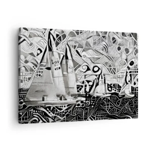 Obraz na plátne - Abstraktné plachetnice v monochromatickej kompozícii - 70x50cm - Medzi vlnami - Moderná nástenná dekorácia do obývacej izby a spálne ARTTOR