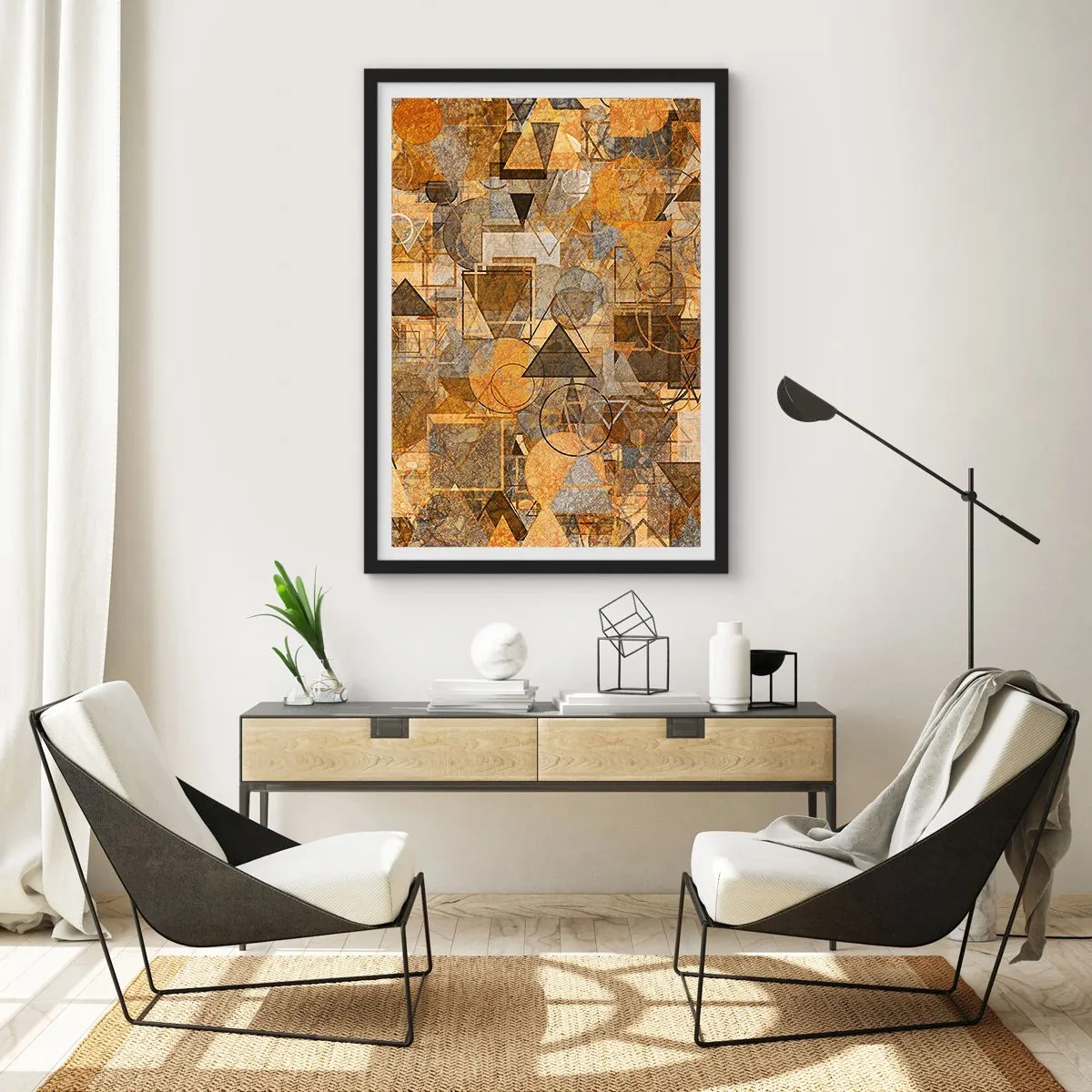 Plagát v čiernom ráme - Zlatá abstraktná geometrická kompozícia - 50x70cm - Svet zachytený do tvaru - Moderná nástenná dekorácia do obývacej izby a spálne ARTTOR