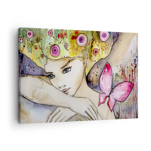 Obraz na plátne - Žena s abstraktným účesom a ružovým motýľom - 70x50cm - Motýlia princezná - Moderná nástenná dekorácia do obývacej izby a spálne ARTTOR