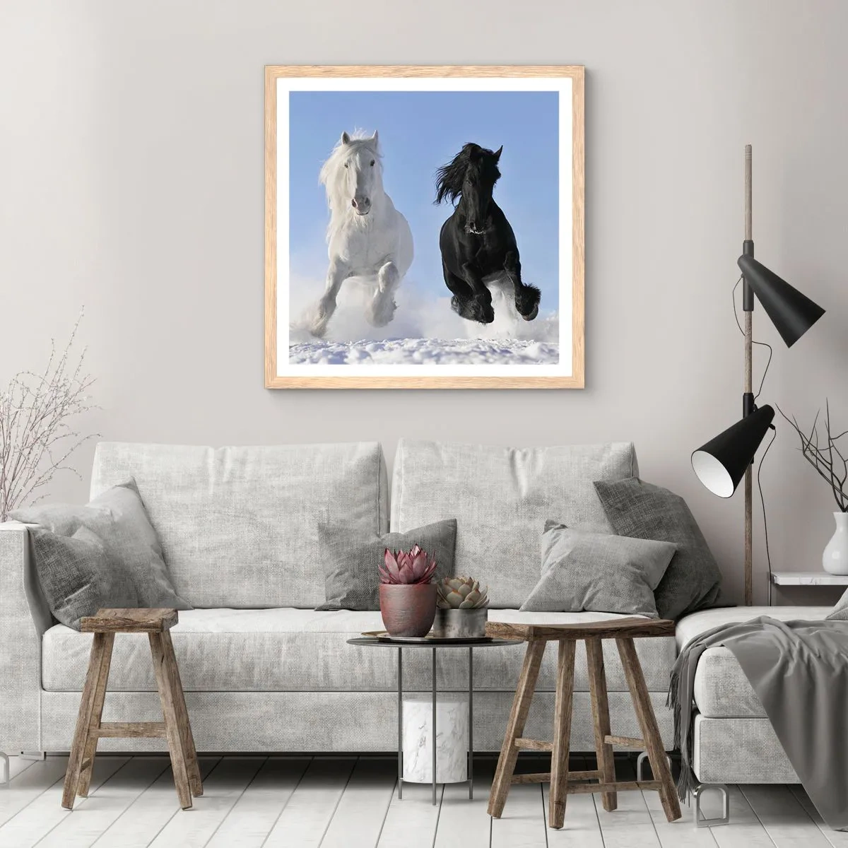 Plagát v ráme zo svetlého duba - Čierno-biely cval - 30x30 cm