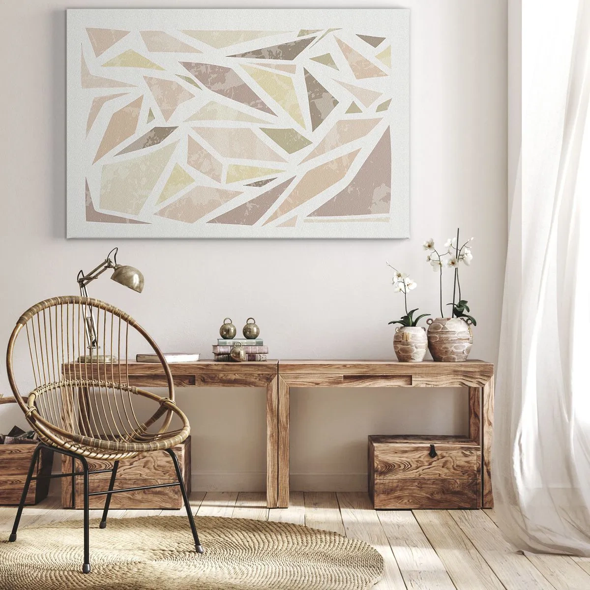 Obraz na plátne - Abstraktné geometrické tvary v pastelových farbách - 70x50cm - Kompozícia: vitráž - Moderná nástenná dekorácia do obývacej izby a spálne ARTTOR