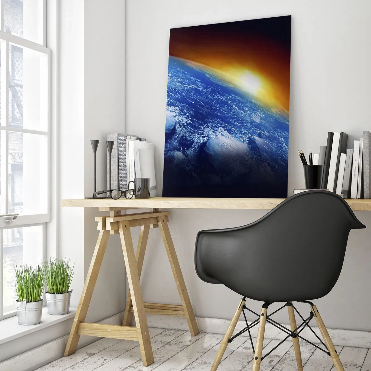 Obraz na skle - Východ slnka nad modrou planétou - 50x70 cm