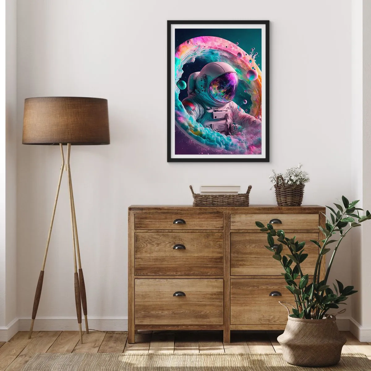 Plagát v čiernom ráme - Astronaut vo vesmírnom prostredí plnom farebných hmlovín - 50x70cm - Hviezdna brána - Moderná nástenná dekorácia do obývacej izby a spálne ARTTOR