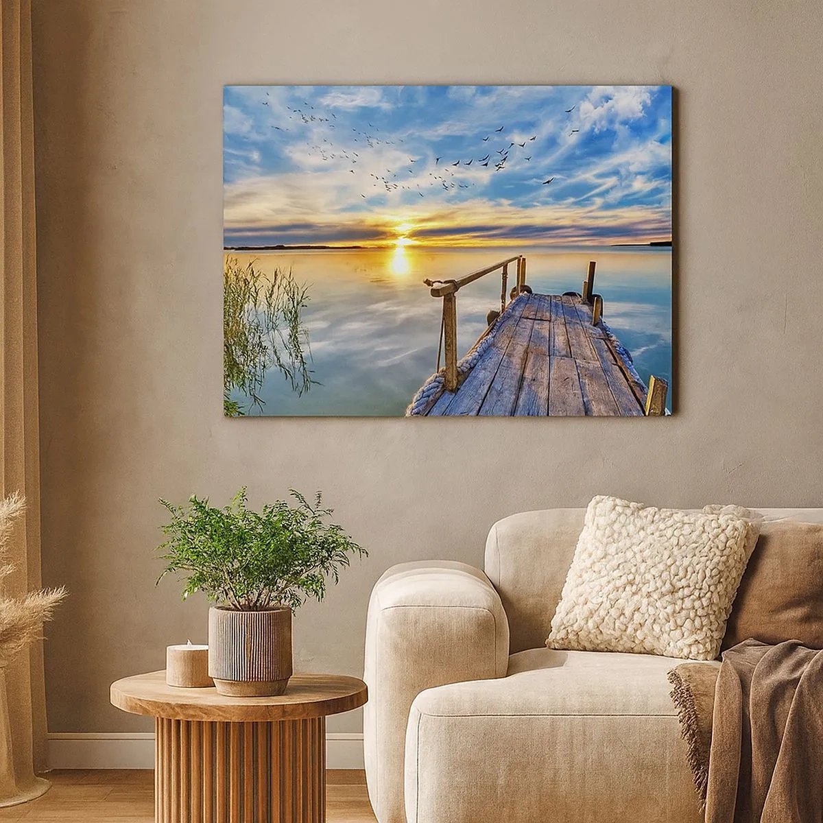 Obraz na plátne - Drevené mólo nad jazerom pri západe slnka - 70x50cm - Vietor ide odpočívať - Moderná nástenná dekorácia do obývacej izby a spálne ARTTOR
