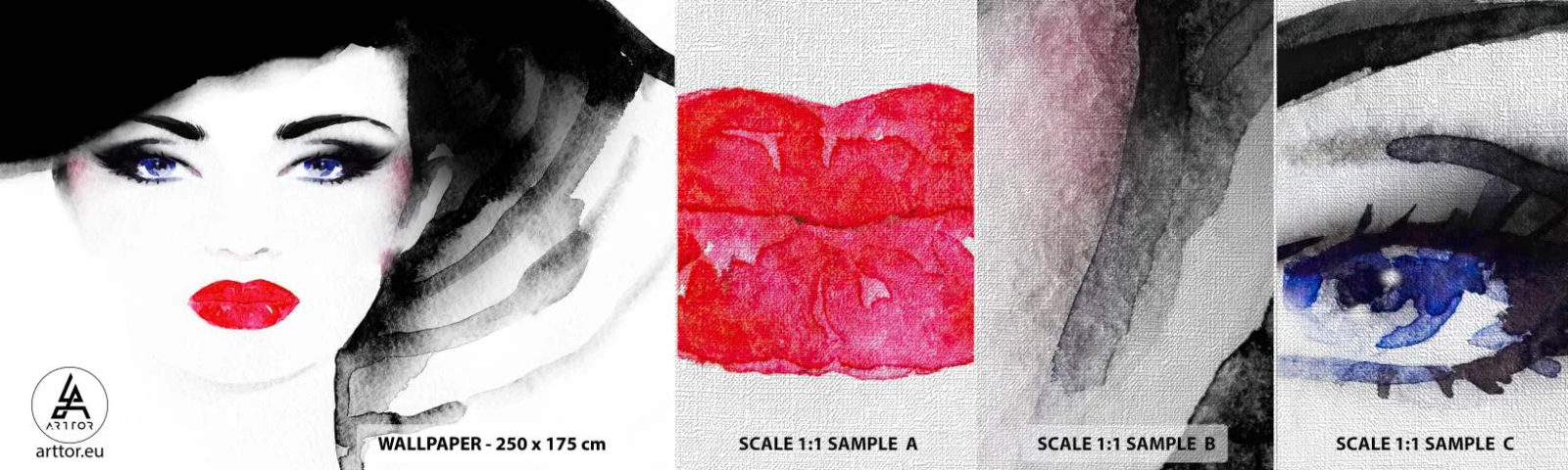 Vzorka fototapety Premium Canvas - Odháňa a privoláva - Ženská tvár, červené pery, Modré oči - 100x30 cm