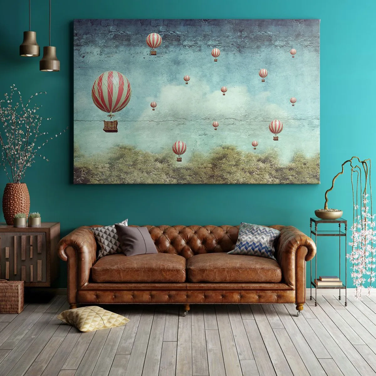 Obraz na plátne - Retro balóny na pozadí modrej oblohy a zelene - 70x50cm - Oslobodení od zhonu života - Moderná nástenná dekorácia do obývacej izby a spálne ARTTOR