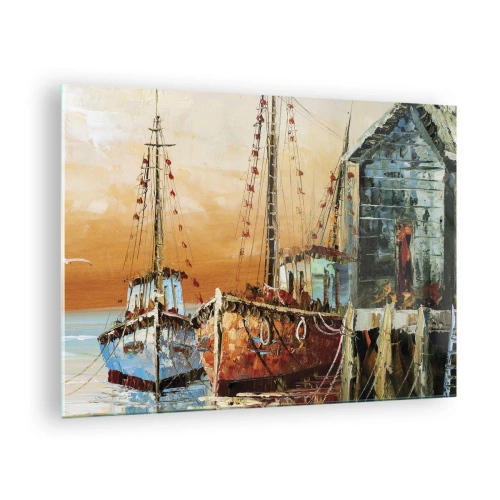 Obraz na skle - Farebné lode v prístave - 70x50cm - Pokojný návrat - Moderná nástenná dekorácia do obývacej izby a spálne ARTTOR