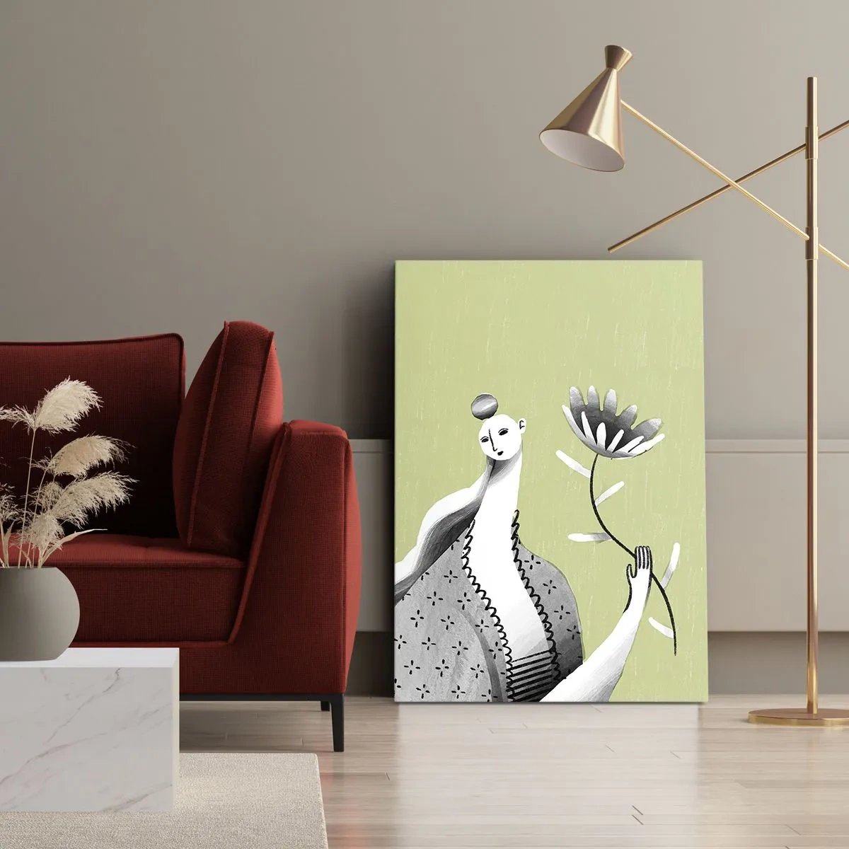 Obraz na plátne - Modernistický portrét – držiaci kvet - 55x100 cm