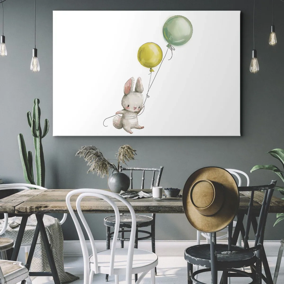 Obraz na plátne - Králik drží pastelovo sfarbené balóny - 70x50cm - Poletím aj ja! - Moderná nástenná dekorácia do obývacej izby a spálne ARTTOR