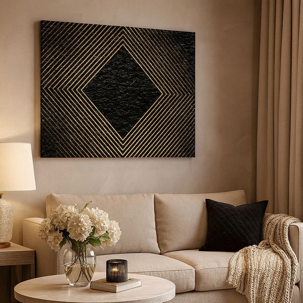 Obraz na plátne - Čierne pozadie s geometrickým vzorom zlatých čiar - 70x50cm - Geometria v štýle glamour - Moderná nástenná dekorácia do obývacej izby a spálne ARTTOR