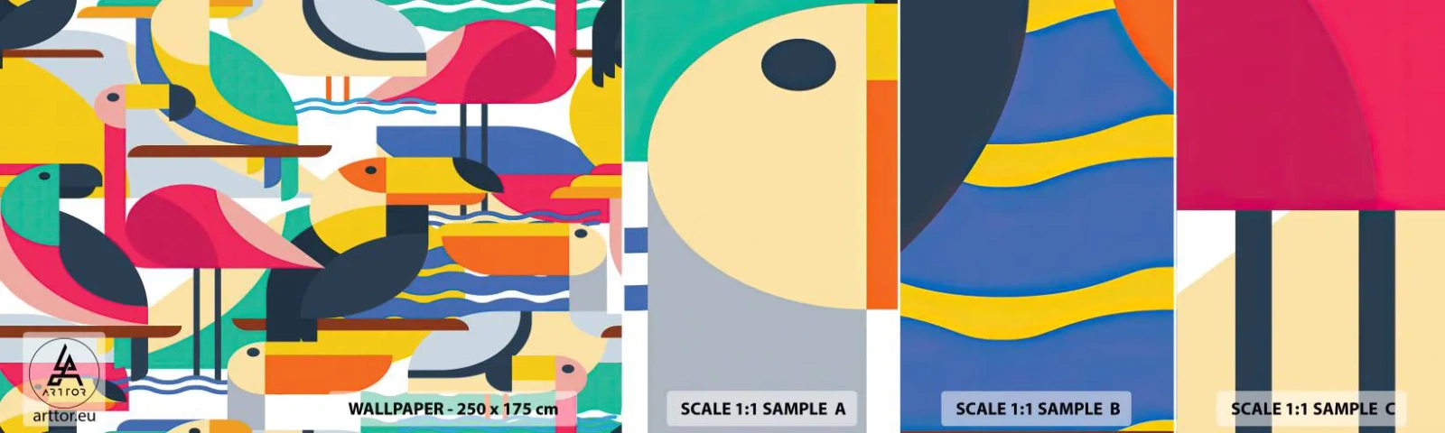 Vzorka Fototapeta Standard Eco - Vtáčia párty - Abstrakcia, Pelikán, Kus - 100x30 cm