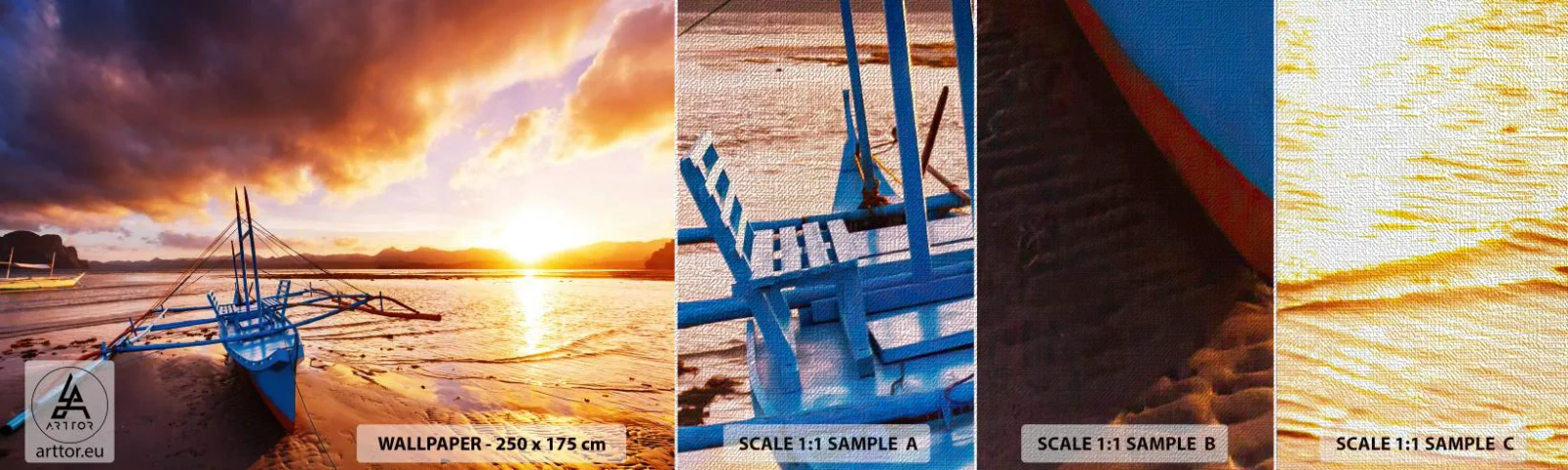 Vzorka fototapety Premium Canvas - Po celom dni sa natiahnuť na piesku - Krajina, More, Rybarska lod - 100x30 cm