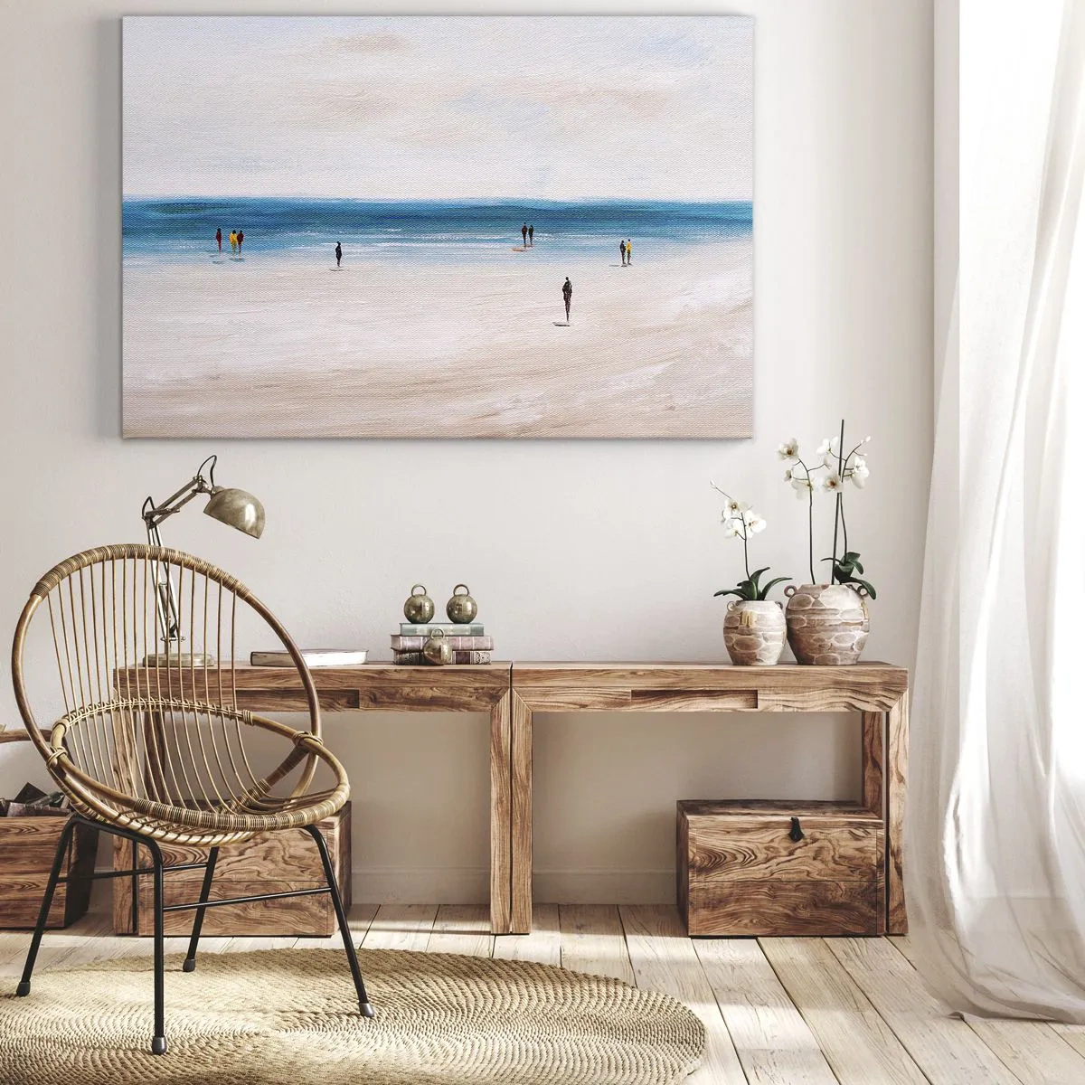 Obraz na plátne - Pláž s ľuďmi na pozadí pokojného mora - 70x50cm - Prirodzená potreba - Moderná nástenná dekorácia do obývacej izby a spálne ARTTOR