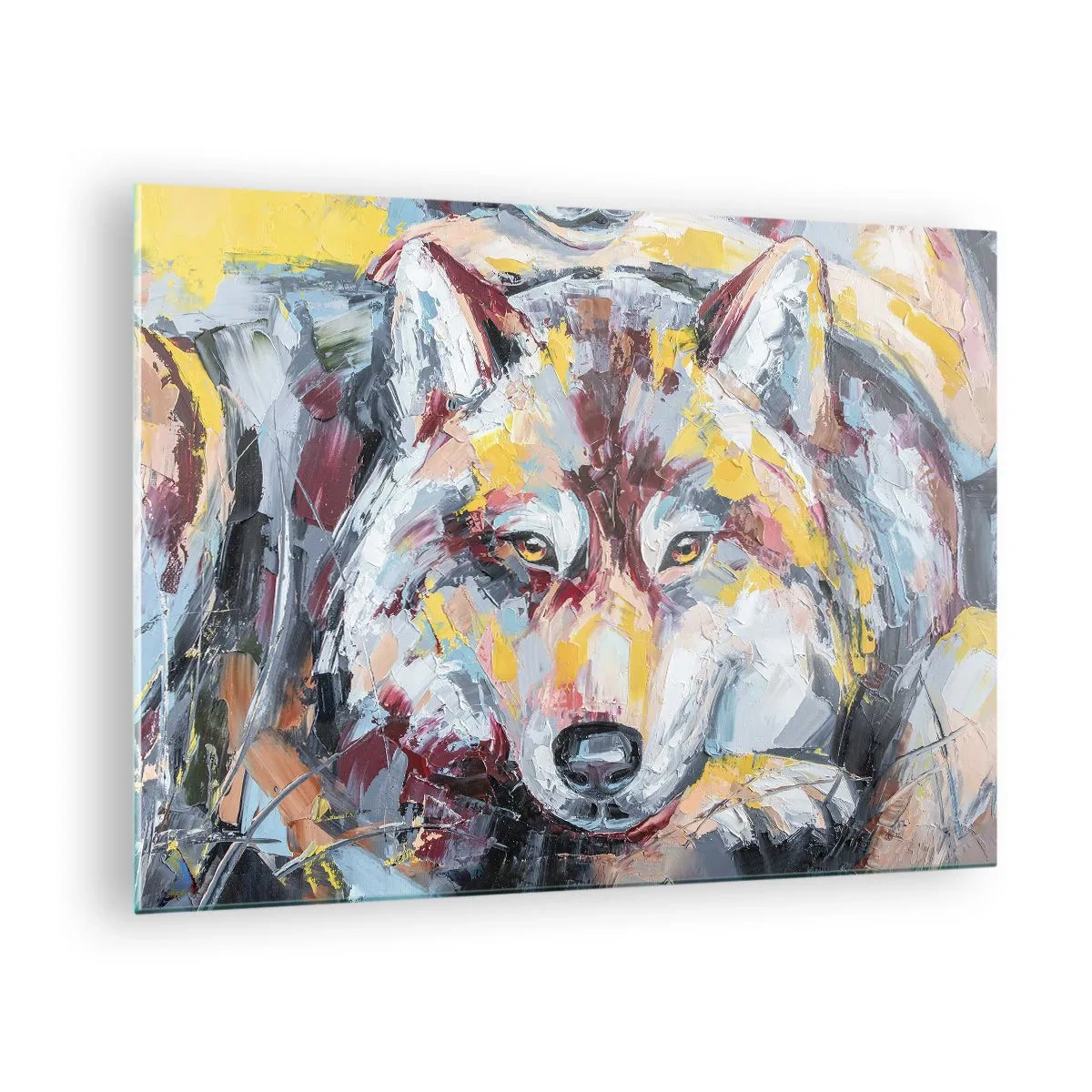 Obraz na skle - Farebný portrét vlka v expresionistickom štýle - 70x50cm - Pokoj medzi blízkymi - Moderná nástenná dekorácia do obývacej izby a spálne ARTTOR