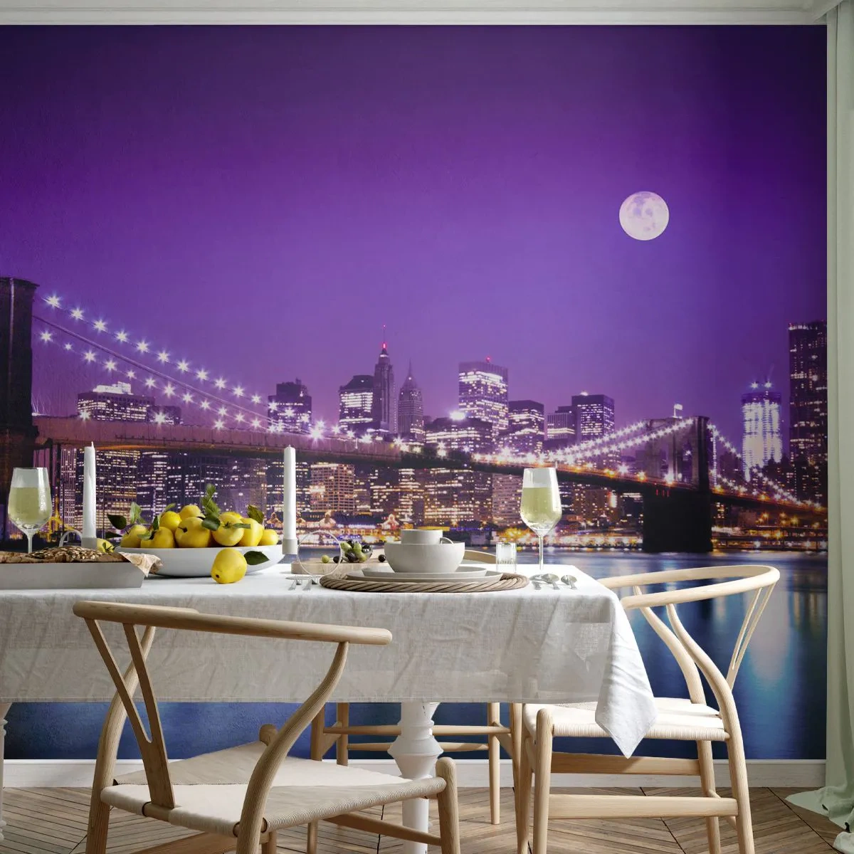 Fototapeta Premium Canvas - Svetlá veľkomesta vo fialovej - Mesto, New York, Brooklynský most - 150x105 cm