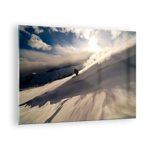 Obraz na skle - Lyžiar kĺže dolu svahom vo svetle zimného slnka - 70x50cm - Prijatá výzva hôr - Moderná nástenná dekorácia do obývacej izby a spálne ARTTOR