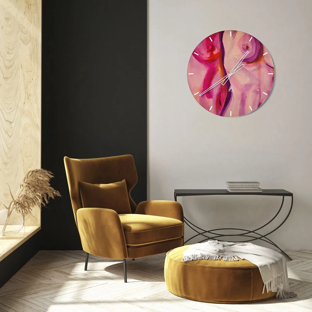 Nástenné hodiny - Umelecké abstraktné tvary v odtieňoch ružovej a červenej - 30x30cm - Óda na ženskosť - Moderná nástenná dekorácia do obývacej izby, kuchyne a spálne ARTTOR