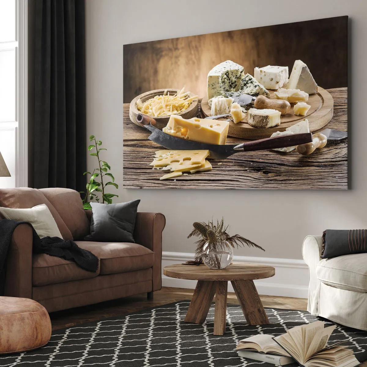 Obraz na plátne - Syrová doska s rôznymi druhmi na drevenom stole - 70x50cm - Usmej sa na syr - Moderná nástenná dekorácia do obývacej izby a spálne ARTTOR