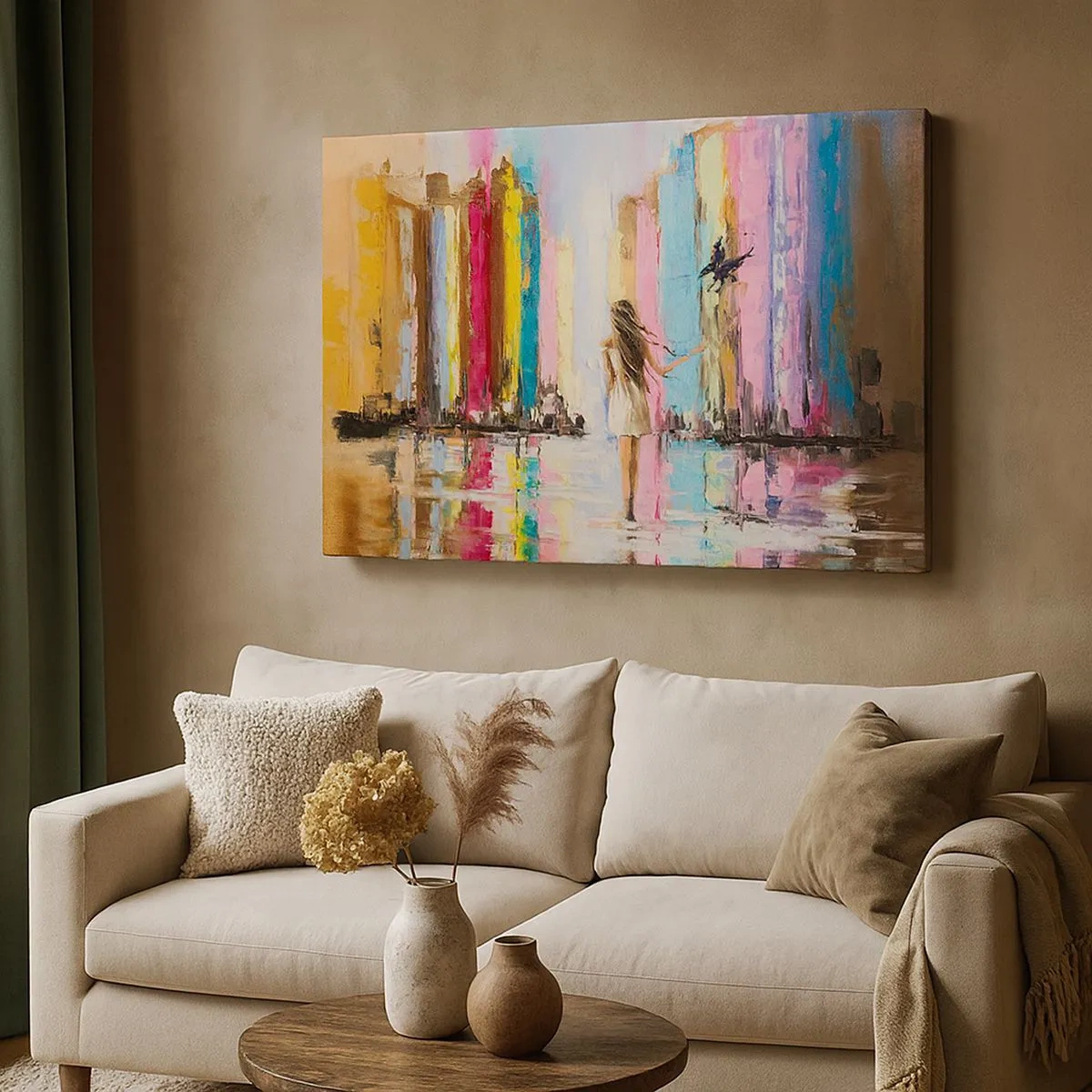 Obraz na plátne - Farebné mesto a žena v bielych šatách s vtákom - 70x50cm - Poď so mnou - Moderná nástenná dekorácia do obývacej izby a spálne ARTTOR