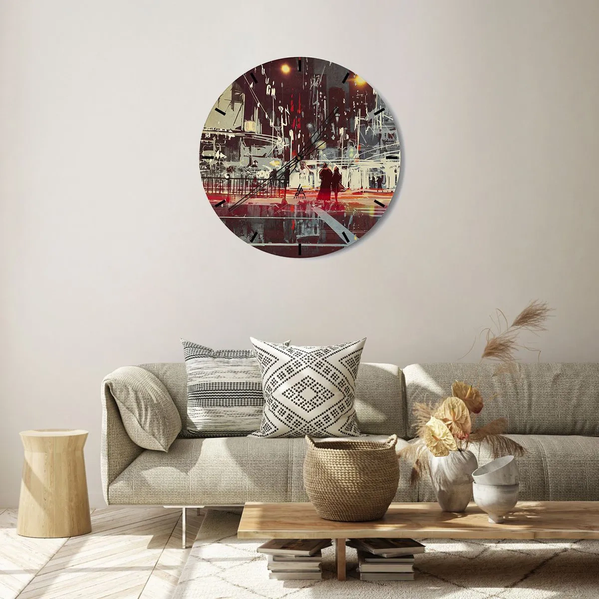 Nástenné hodiny - Pár v noci s jasne osvetleným mestom v pozadí - 30x30cm - Veľkomestská doprava - Moderná nástenná dekorácia do obývacej izby, kuchyne a spálne ARTTOR