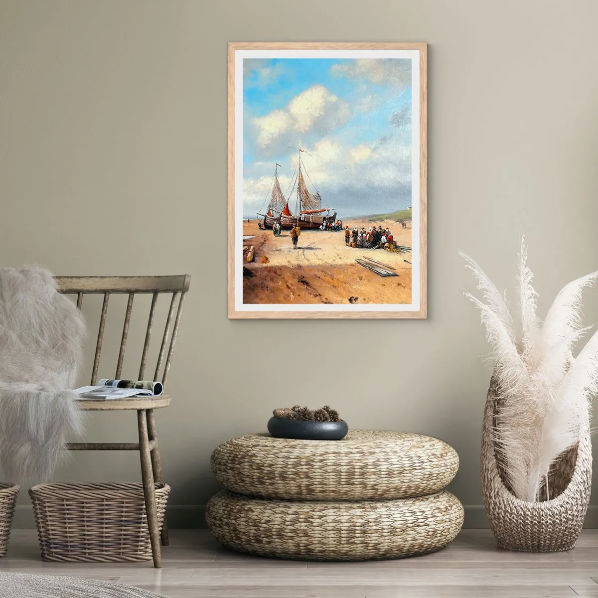 Plagát v ráme zo svetlého duba - Po úspešnom rybolove - 30x40 cm