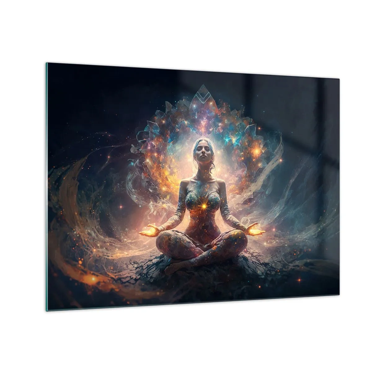 Obraz na skle - Meditujúca žena v žiarivej aure energie a farieb - 70x50cm - Prúdenie dobrej energie - Moderná nástenná dekorácia do obývacej izby a spálne ARTTOR