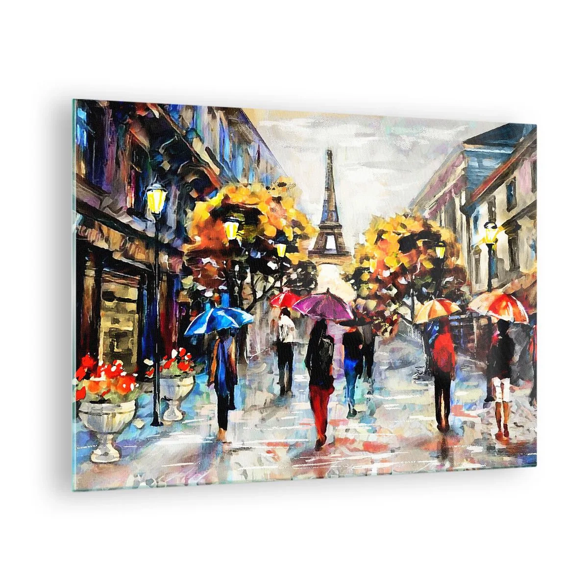 Obraz na skle - Eiffelova veža v pozadí ľudí kráčajúcich pod farebnými dáždnikmi - 70x50cm - Na jeseň obzvlášť krásny - Moderná nástenná dekorácia do obývacej izby a spálne ARTTOR