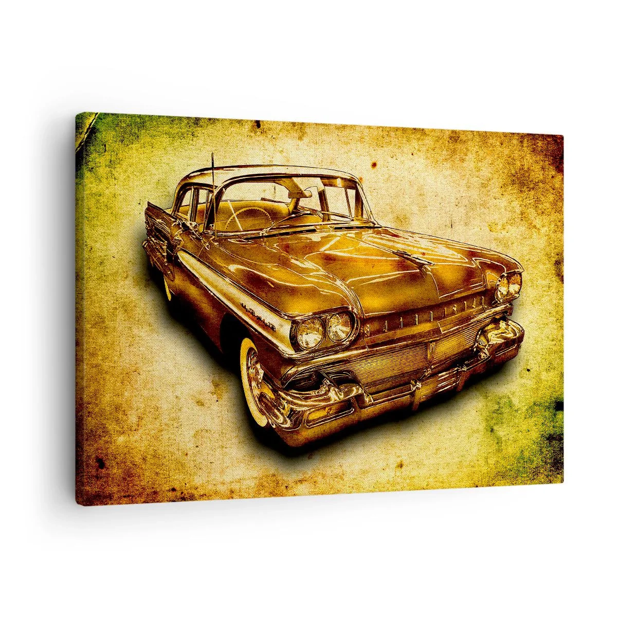 Obraz na plátne - Zlaté klasické retro auto na vintage pozadí so zostarnutým efektom. - 70x50cm - Nehynúca krása klasiky - Moderná nástenná dekorácia do obývacej izby a spálne ARTTOR