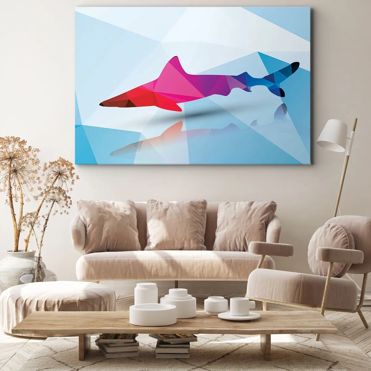 Obraz na plátne - Geometrická silueta žraloka v odtieňoch ružovej a modrej - 70x50cm - Žralok v kryštalickom priestore - Moderná nástenná dekorácia do obývacej izby a spálne ARTTOR