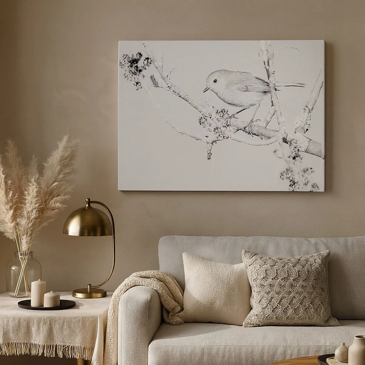 Obraz na plátne - Vták na konári v čiernobielej farbe s minimalistickým štýlom - 70x50cm - Zimné ráno - Moderná nástenná dekorácia do obývacej izby a spálne ARTTOR