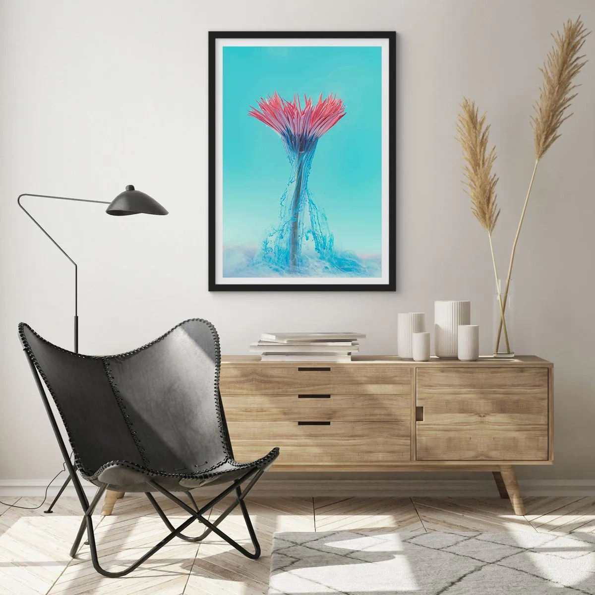 Plagát v čiernom ráme - Kvet obklopený farebnými potokmi na pastelovom pozadí - 50x70cm - V osviežujúcom objatí - Moderná nástenná dekorácia do obývacej izby a spálne ARTTOR