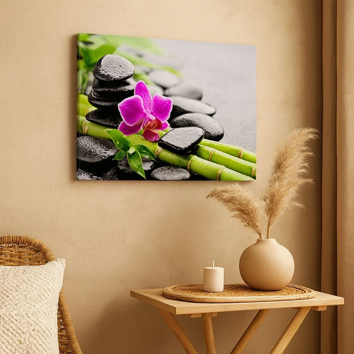 Obraz na plátne - Fialová orchidea, čierne kamene a bambus v pokojnej kompozícii - 70x50cm - V pokojnej rovnováhe - Moderná nástenná dekorácia do obývacej izby a spálne ARTTOR