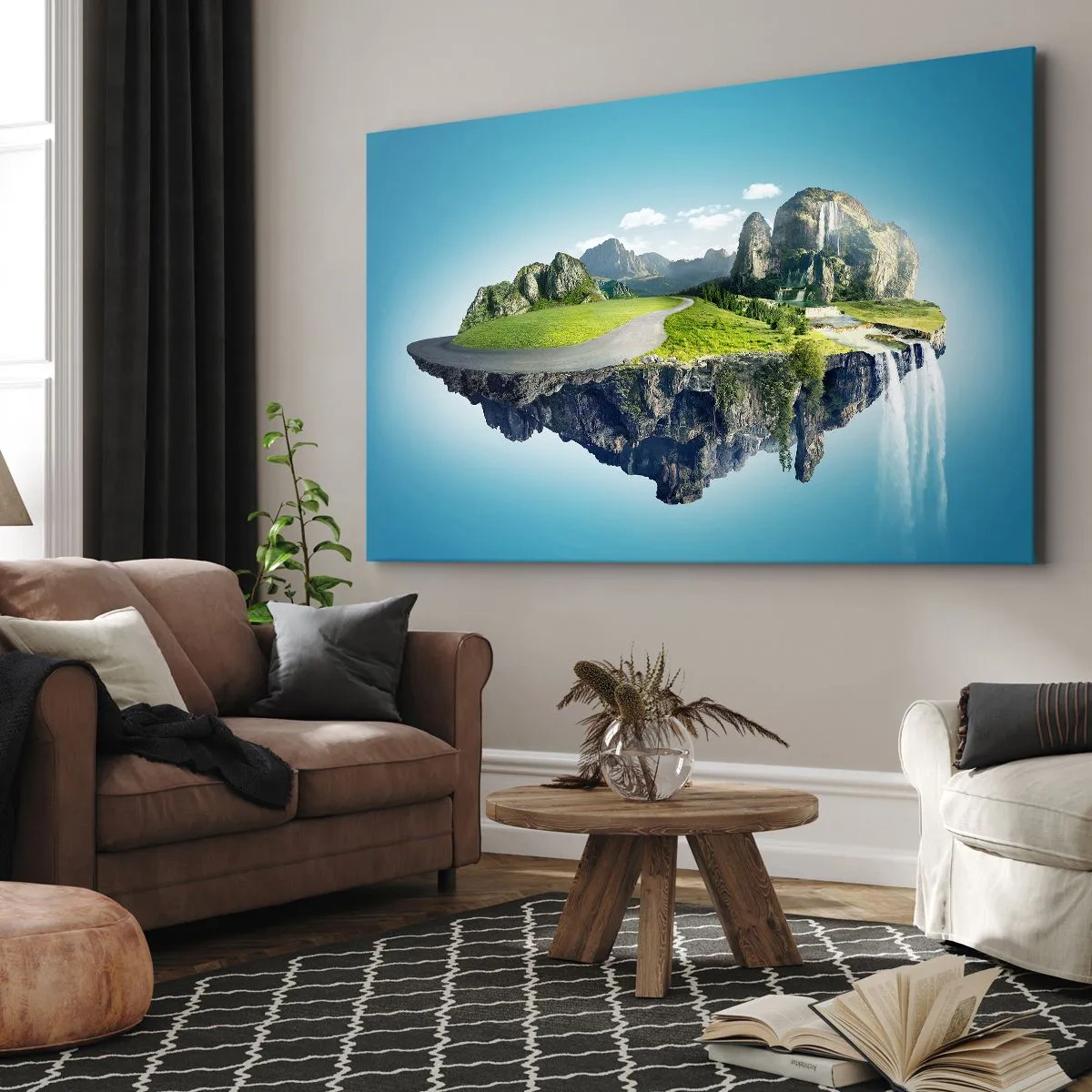 Obraz na plátne - Plávajúci ostrov s horami a vodopádmi - 70x50cm - Fantastický ostrov - Moderná nástenná dekorácia do obývacej izby a spálne ARTTOR
