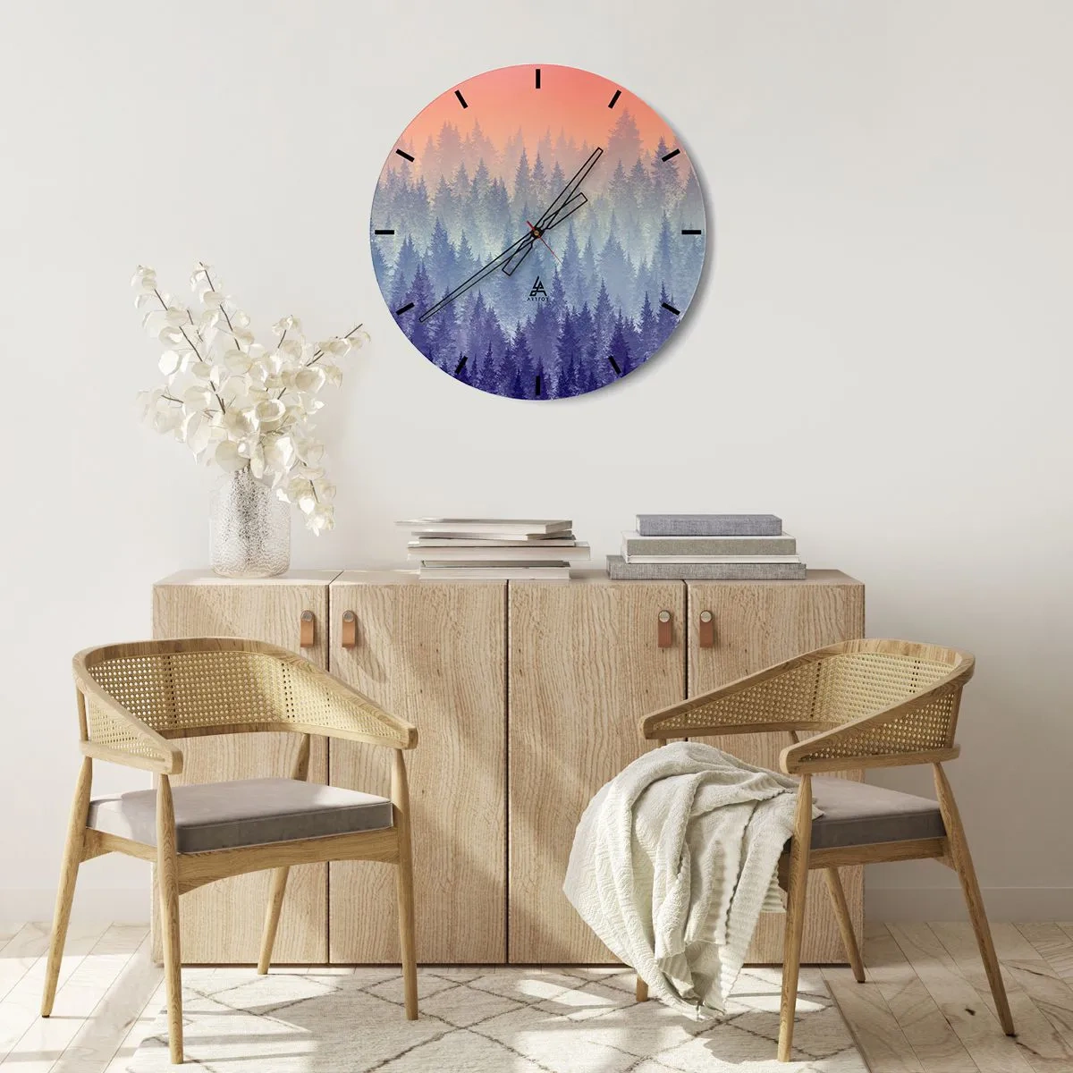 Nástenné hodiny - Les pri východe slnka v pastelových odtieňoch - 30x30cm - Vysoko, vyššie, do neba - Moderná nástenná dekorácia do obývacej izby, kuchyne a spálne ARTTOR