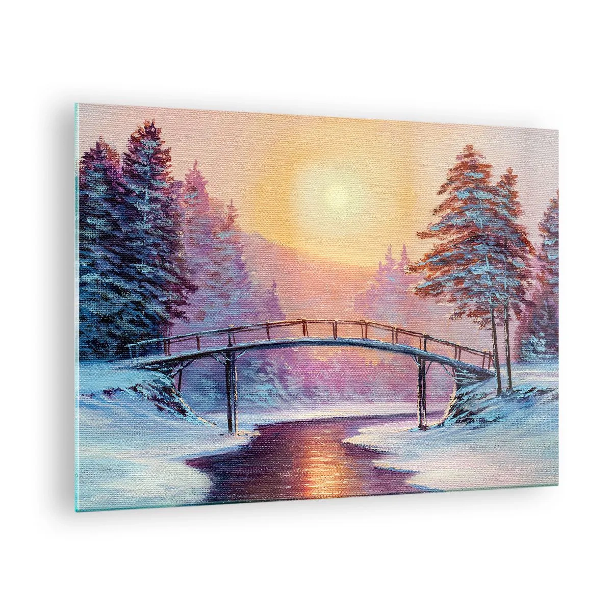 Obraz na skle - Zimná krajina s mostom cez rieku pri západe slnka - 70x50cm - Štyri ročné obdobia - zima - Moderná nástenná dekorácia do obývacej izby a spálne ARTTOR