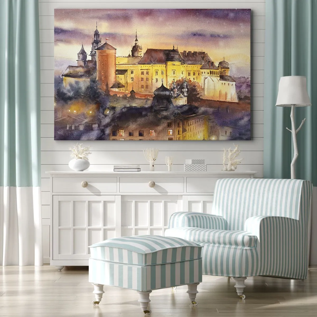 Obraz na plátne - Malebná akvarelová maľba hradu pri západe slnka - 70x50cm - Dejiny a rozprávka - Moderná nástenná dekorácia do obývacej izby a spálne ARTTOR