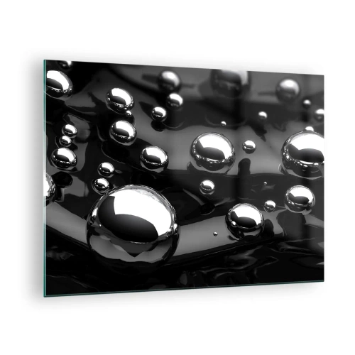 Obraz na skle - Kovové kvapky na čiernom povrchu - 70x50cm - Z čiernej tône - Moderná nástenná dekorácia do obývacej izby a spálne ARTTOR