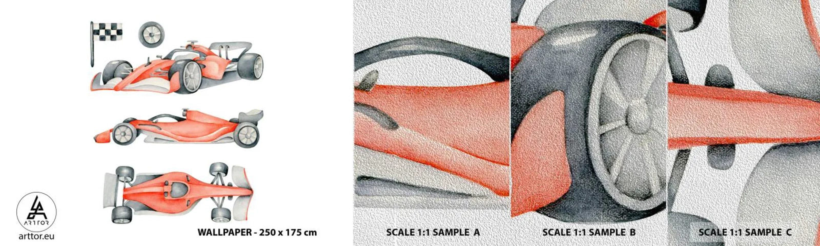 Vzorka fototapety Premium Sand - Dobehnúť sen - Závodné autá, Autá, Detský - 100x30 cm