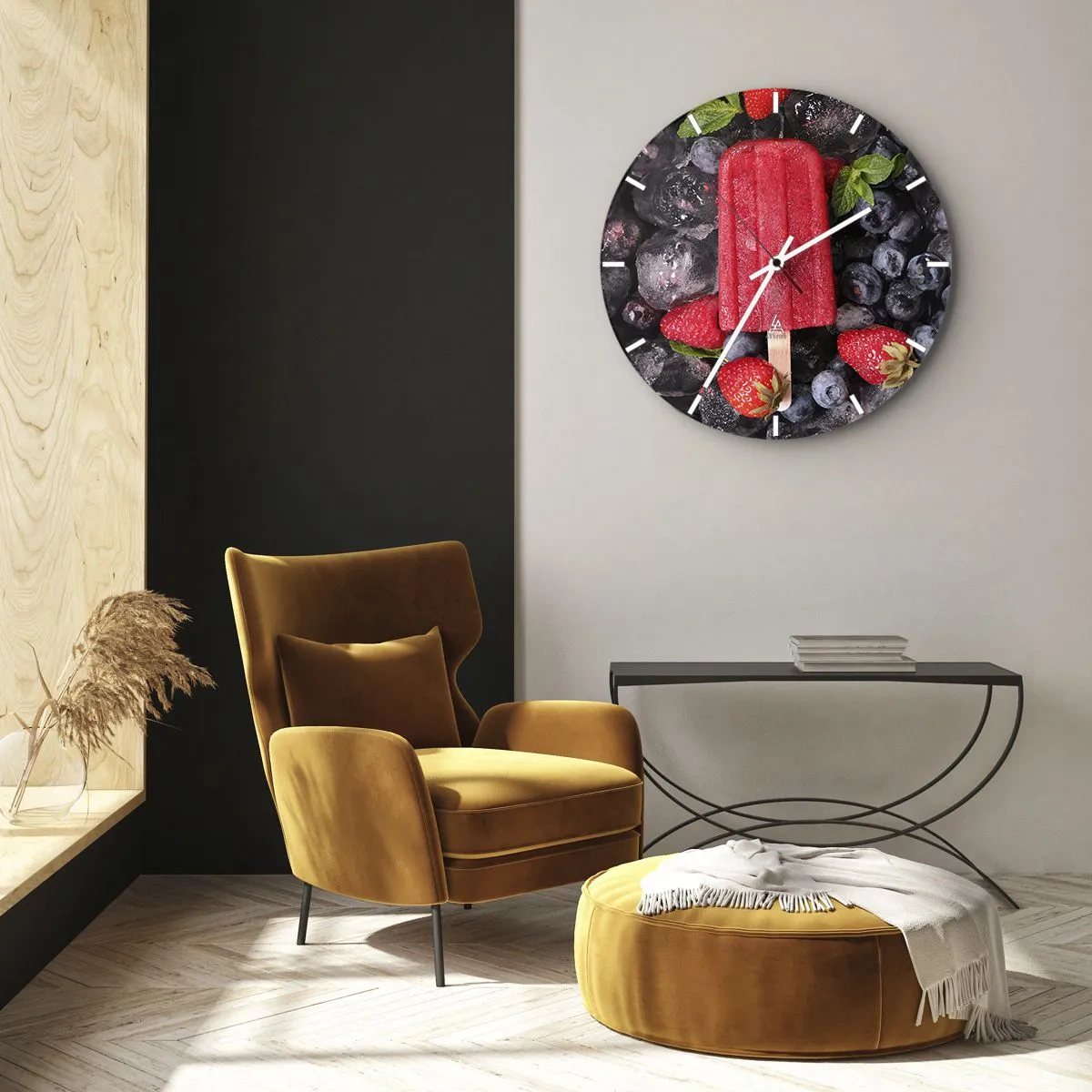 Nástenné hodiny - Ovocný nanuk s mrazenými čučoriedkami a jahodami - 30x30cm - Chuť horúceho leta - Moderná nástenná dekorácia do obývacej izby, kuchyne a spálne ARTTOR