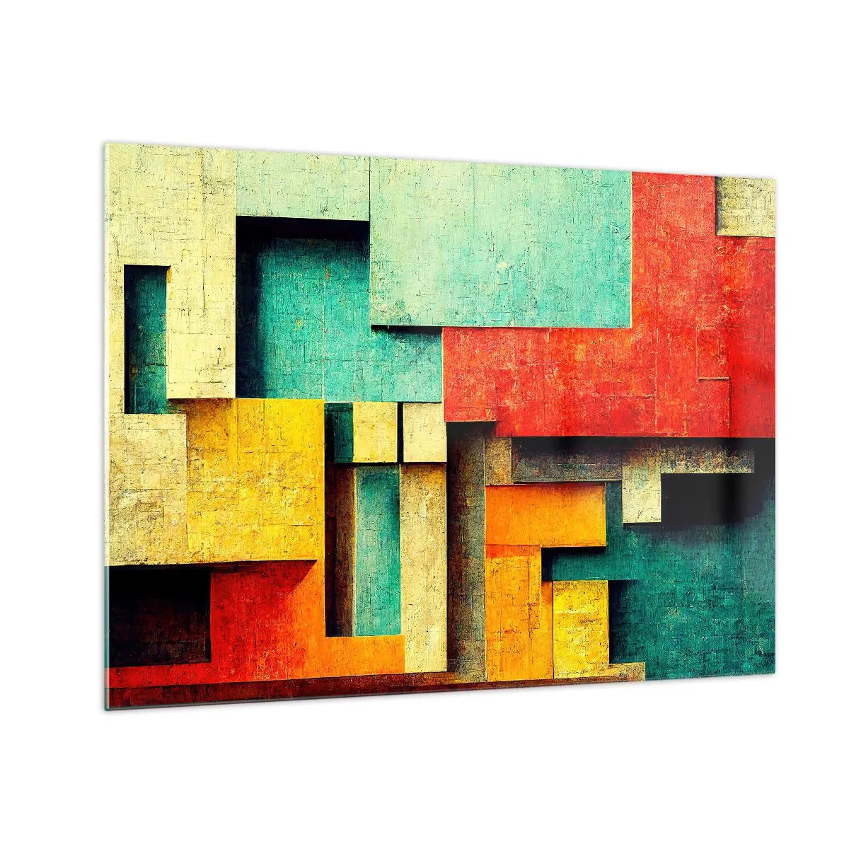 Obraz na skle - Farebná geometrická abstrakcia vyrobená z obdĺžnikov - 70x50cm - Festival pravých uhlov - Moderná nástenná dekorácia do obývacej izby a spálne ARTTOR