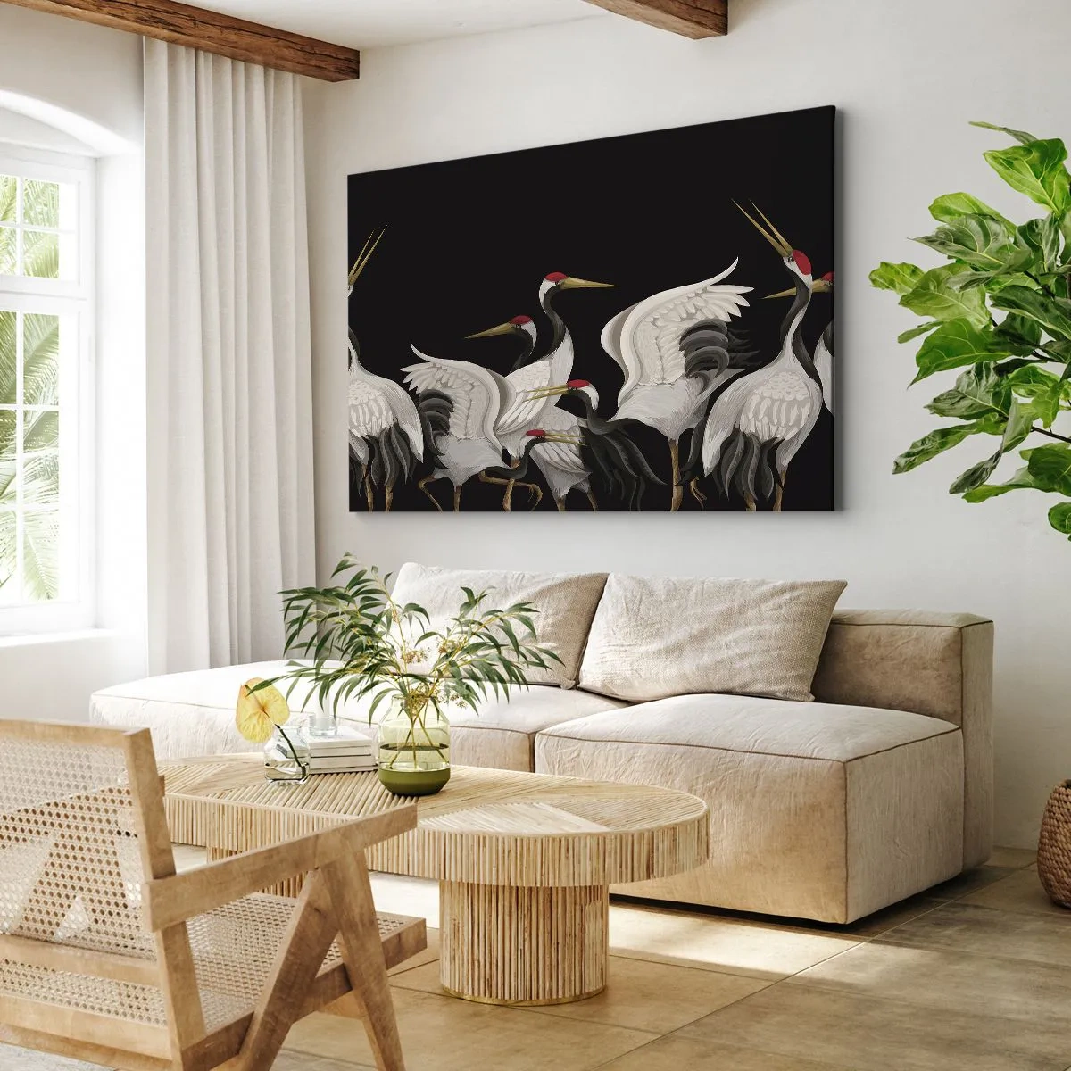 Obraz na plátne - Biele žeriavy s červenými akcentmi na čiernom pozadí - 70x50cm - Vtáčie záležitosti - Moderná nástenná dekorácia do obývacej izby a spálne ARTTOR