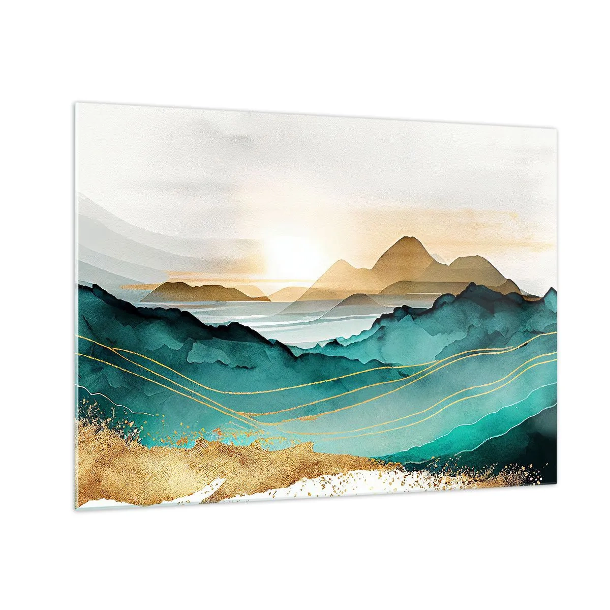 Obraz na skle - Zlatá a tyrkysová horská krajina v akvarelovom štýle. - 70x50cm - Na pokraji abstrakcie – krajina - Moderná nástenná dekorácia do obývacej izby a spálne ARTTOR