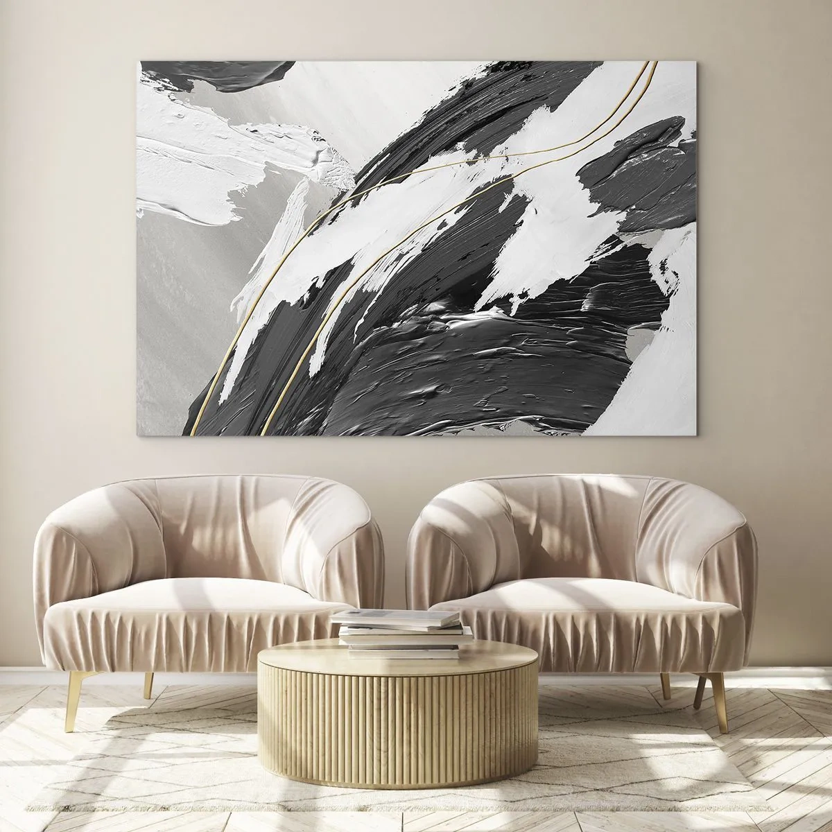 Obraz na skle - Dynamické ťahy čiernej a bielej so zlatým akcentom - 70x50cm - Veľkorysá abstrakcia - Moderná nástenná dekorácia do obývacej izby a spálne ARTTOR